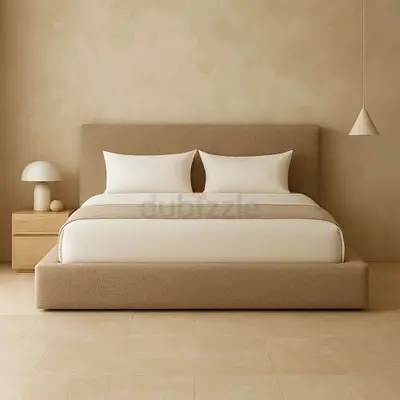 Beige Upholstered Double Bed with Headboard - Minimal Modern Design