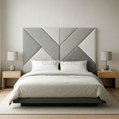Queen bed with geometric upholstered headboard and matching nightstands
