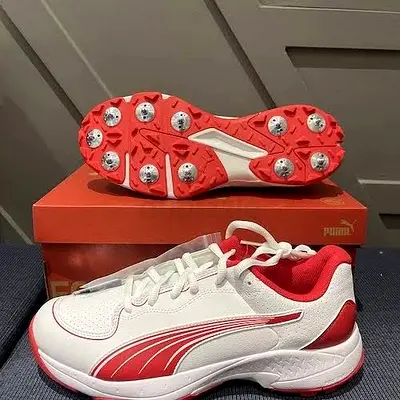 Puma Men's Cricket Spiked Shoes - White/Red, Size 44.5, UK-10
