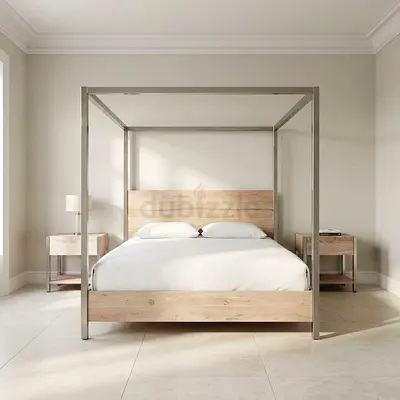 MARINA HOME canopy four poster KING BED frame with x2 pcs nightstands bedside tables solid wood set