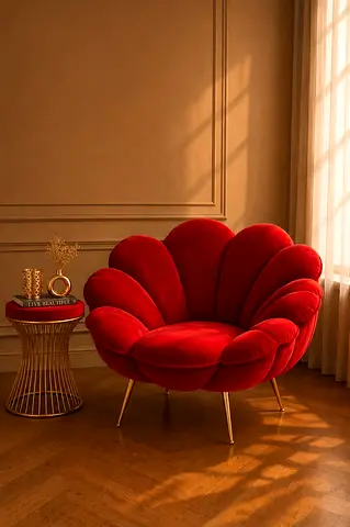 Red Velvet Shell Accent Chair with Gold Legs