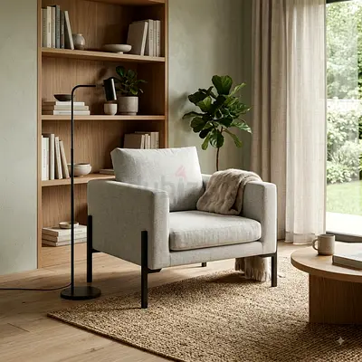 Modern Grey Armchair with Metal Frame — Excellent Condition