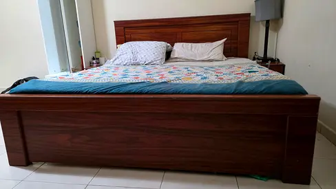 King wooden platform bed frame with headboard (good condition) with 2 side tables and mattress