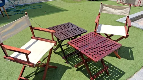 Set of 2 Wooden Director Chairs with 2 Folding Side Tables — Good Condition