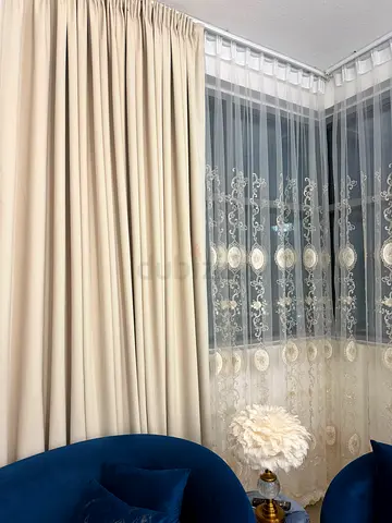 Beige blackout curtains with decorative lace sheers - set