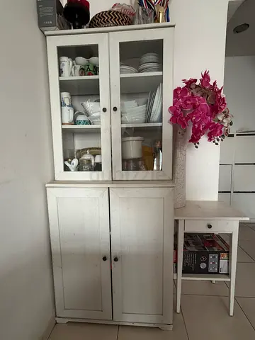 White wooden kitchen cabinet with glass display — good condition