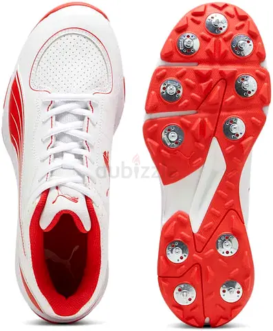 Puma White & Red Cricket Spikes Shoes - Size 42