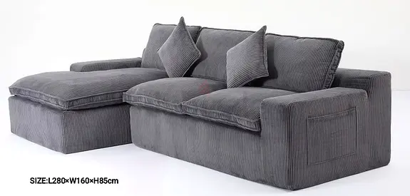 Large Grey Corduroy L-Shaped Sofa with Chaise (L280 x W160 x H85cm)