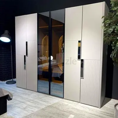Modern 6-Door Wardrobe with Glass Center Panels