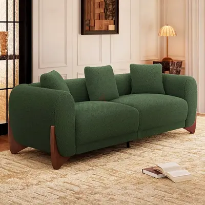 Green 3-Seater Bouclé Sofa with Wooden Legs