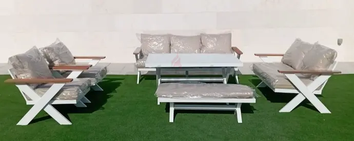 Outdoor garden sofa set with coffee table and benches - white frame
