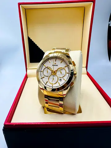 Gold-tone Rado men's chronograph watch with box
