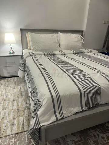 Queen Bed Frame with Mattress & Nightstand - Light Grey