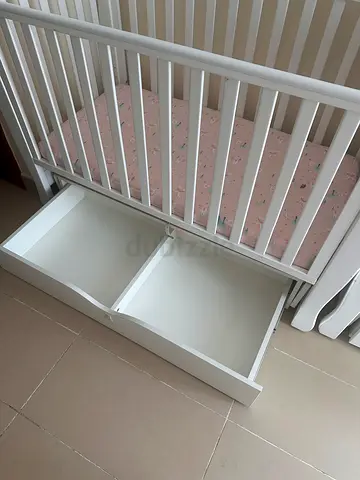 European brand White Wooden Baby Crib with Storage Drawers - Good Condition