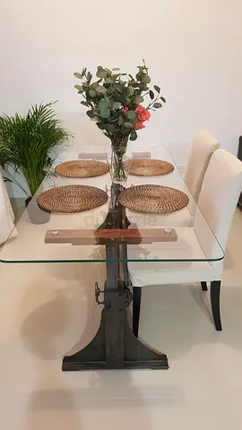 Modern Glass Top Dining Set with Industrial Style Metal Base and Chairs