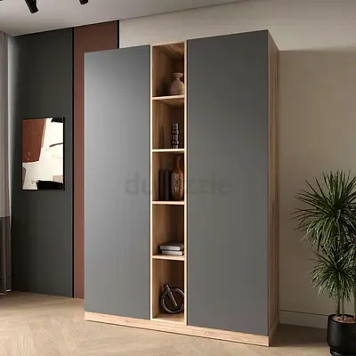 Modern Grey and Wood Two-Door Wardrobe with Center Shelving