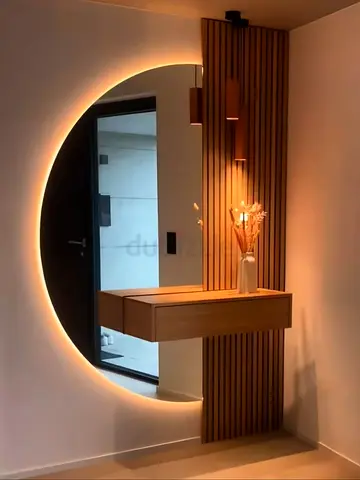 Wall-mounted Round LED Mirror with Floating Console and Wood Slat Panel
