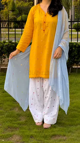 Set of 3 Traditional Salwar Kameez Pieces — Yellow Embroidered Kurta + Dupatta & Bottoms