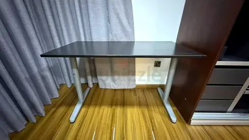 Small dark wood study desk with metal legs - 120W x 60D x 74H