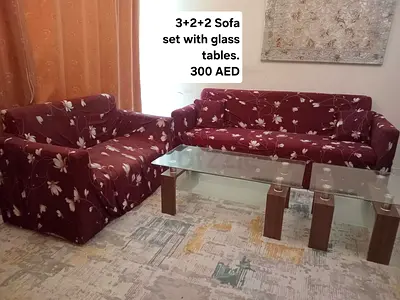 3+2+2 Sofa Set with Glass Coffee Tables - Good Condition, 300 AED