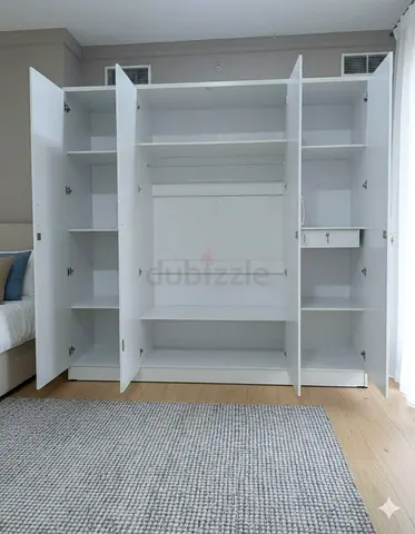 Large White 4-Door Wardrobe / Armoire with Shelves and Hanging Rail