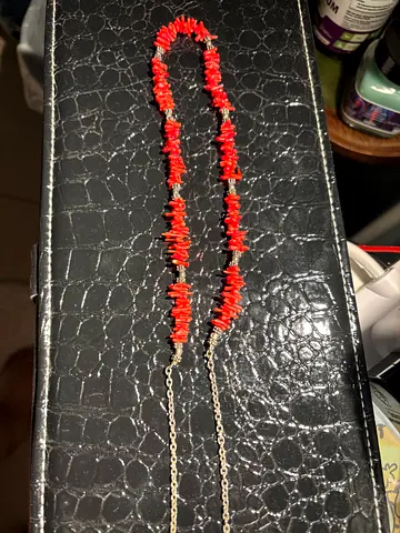 Authentic yemeni silver handmade red coral chip necklace on silver chain