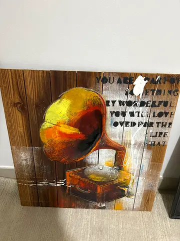 Wooden-style wall art painting featuring vintage gramophone
