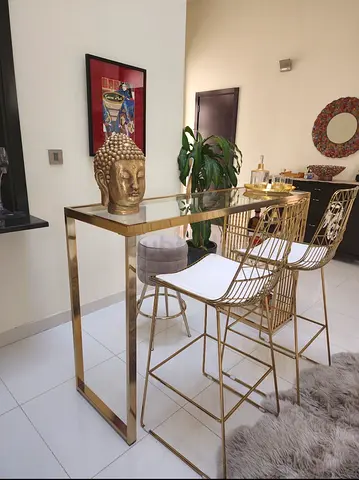 Gold metal bar table with 2 matching high stools + 1 bar tender stool -modern set