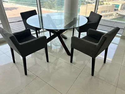 Glass Top Dining Table with 4 Upholstered Armchairs - Modern Set
