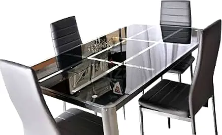 Modern Glass Dining Table with 4 Black Leather Chairs