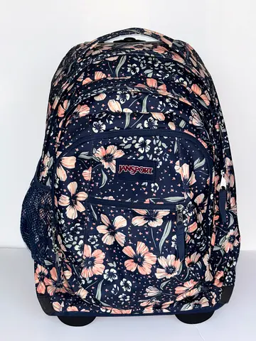Floral Jansport-style Rolling Backpack with Wheels - Good Condition