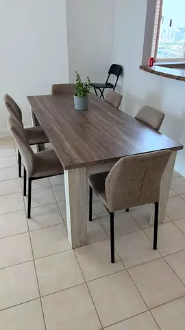 6-Seater Wooden Dining Table with Upholstered Chairs - Good Condition