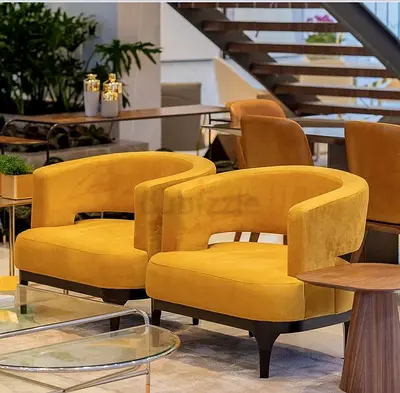 Pair of Mustard Yellow Curved Lounge Chairs - Modern Velvet Armchairs