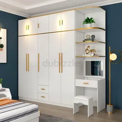 White and Gold 6-Door Wardrobe with Built-in Vanity and Shelves