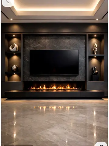 Royal built-in entertainment center with fireplace and shelving