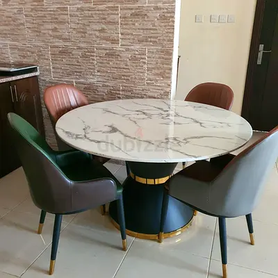 Round Marble-Top Dining Table with 4 Chairs - Good Condition