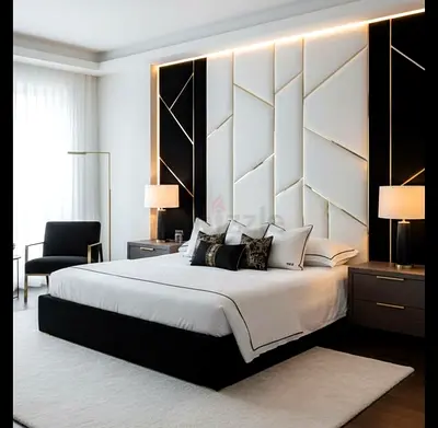 Modern bed with upholstered headboard and bedside tables