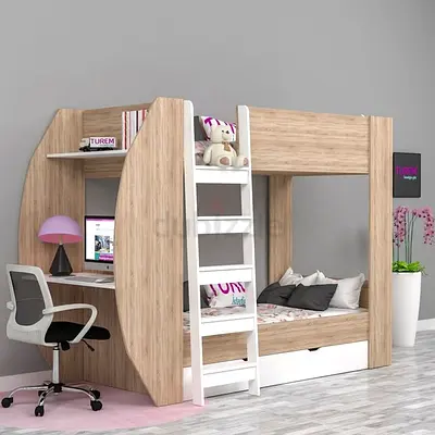 Wooden kids bunk bed with built-in desk and storage