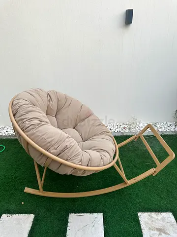 Beige Papasan Rocking Chair with Cushioned Seat - Good Condition