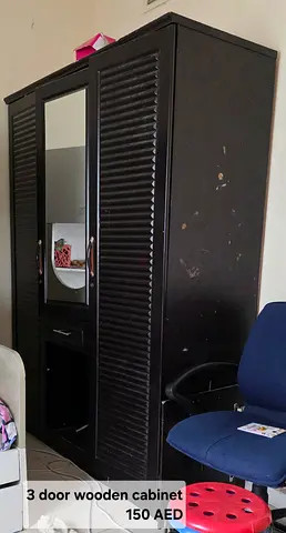 Used 3-Door Wooden Wardrobe with Mirror - Black