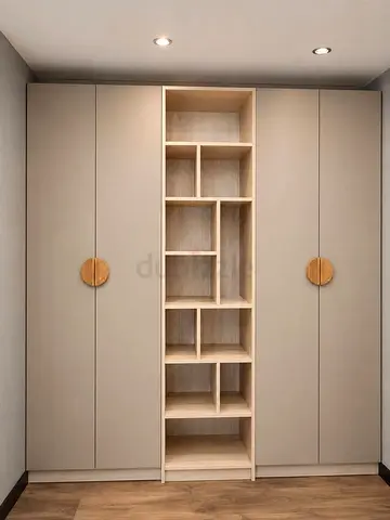 Modern Wardrobe with Open Shelving and Circular Handles