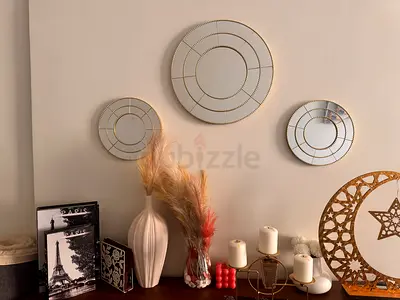 Set of 3 Decorative Round Wall Mirrors with Gold Trim along with all decor itemsshowed in the photo