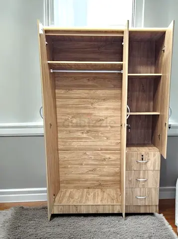 3-Door Wardrobe with Drawers and Shelves - Light Wood Finish