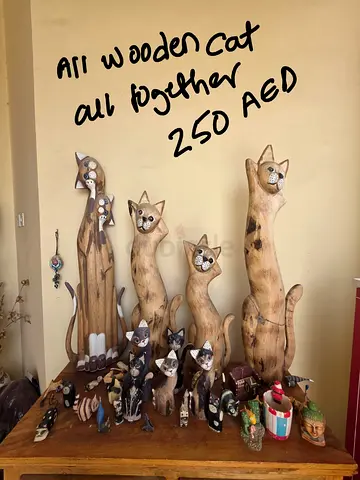 Set of Hand-Carved Wooden Cat Statues - 19Good Condition