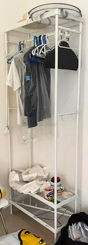 White Metal Clothes Rack with Top and Bottom Shelves