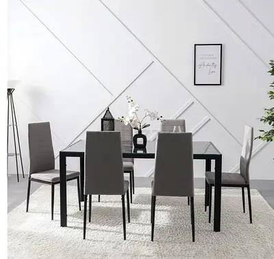 Modern Glass Top Dining Table with 6 Grey Chairs - Excellent Condition