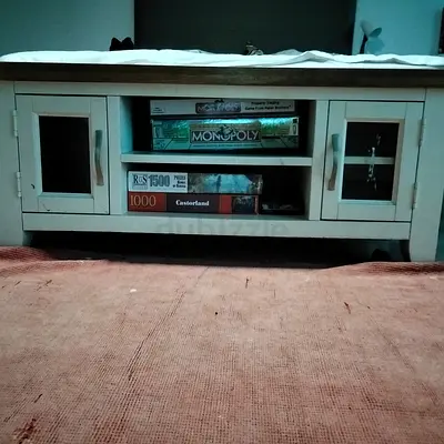 Low wooden TV cabinet / media console with storage - light wood and white finish