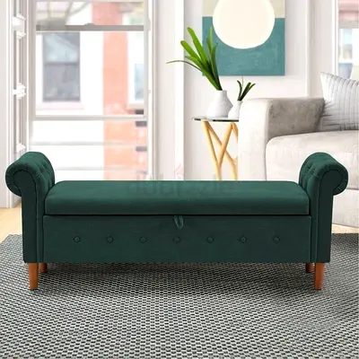 Green Upholstered Storage Bench with Rolled Arms