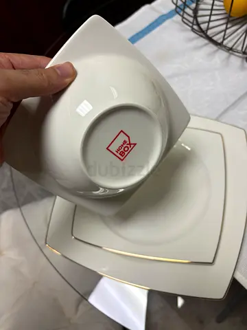 White Porcelain Dinner Plates and Bowls (Square, Gold Trim) - from HOME BOX