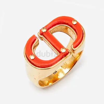 Authentic Dior 30 Montaigne Gold Tone & Coral Acrylic Ring (Size 52 / M